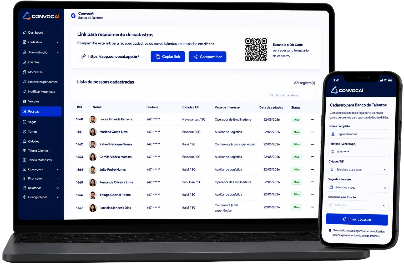 Demonstração do banco de talentos na plataforma ConvocAí